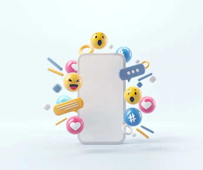 Smartphone entouré d&#39;emojis symbolisant la création de contenu et la gestion professionnelle des réseaux sociaux - Vanmeenen&amp;Co.